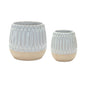 Set of Two Beige and White Ribbed Round Porcelain Table Vase