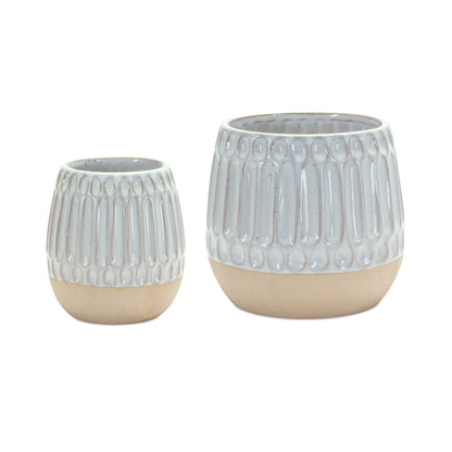 Set of Two Beige and White Ribbed Round Porcelain Table Vase