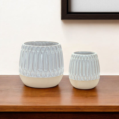 Set of Two Beige and White Ribbed Round Porcelain Table Vase