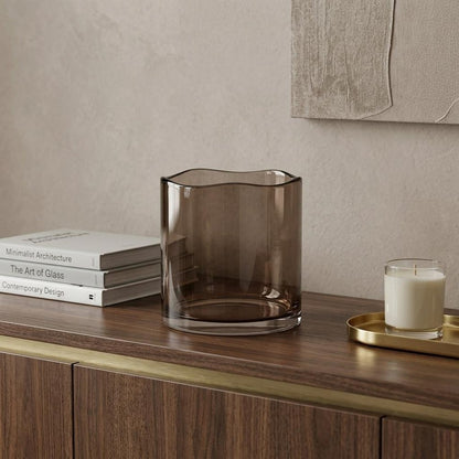 6" Brown Glass Cylindrical Table Vase With Wavy Edge Sculptural Details