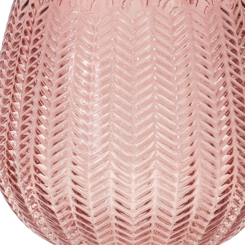 8" Pink Glass Textured Leaf Pattern Round Table Vase