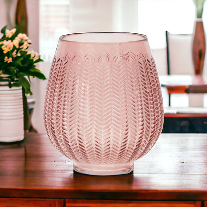 8" Pink Glass Textured Leaf Pattern Round Table Vase