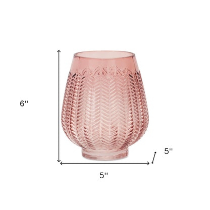 6" Pink Glass Textured Leaf Pattern Round Table Vase