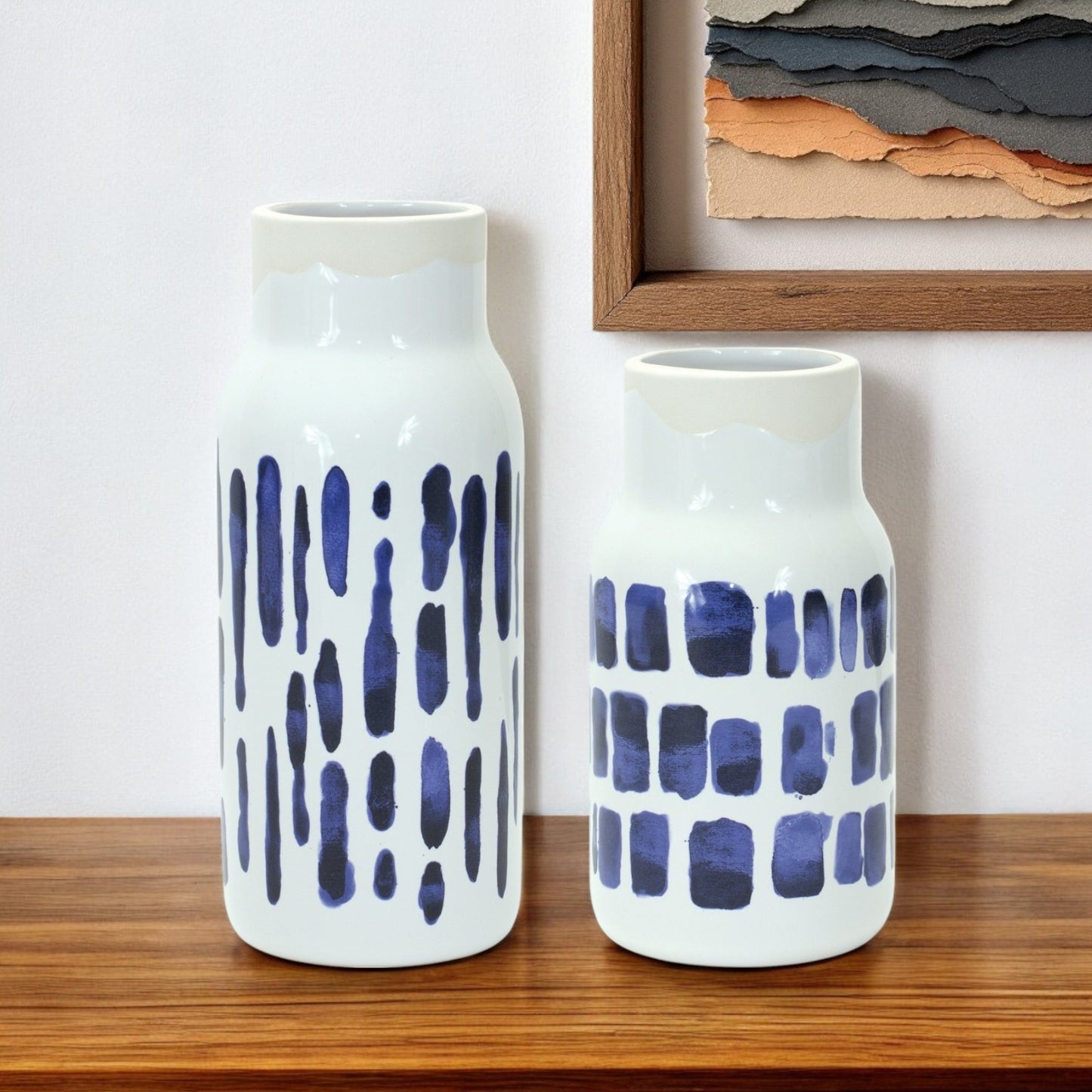 Set of Two Blue and White Abstract Cylinder Ceramic Table Vase