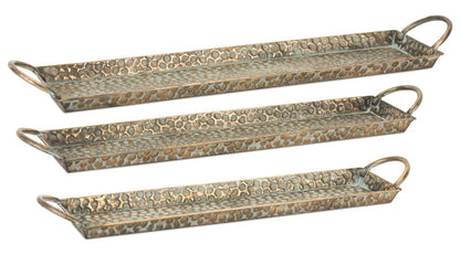 Set of Three Gold Metal Serving Tray With Handles