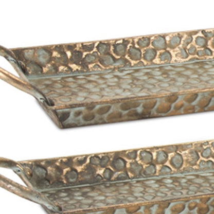 Set of Three Gold Metal Serving Tray With Handles