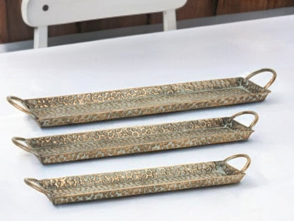 Set of Three Gold Metal Serving Tray With Handles
