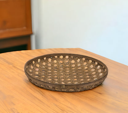 26" Brown Bamboo Weave Round Wood Vanity Tray