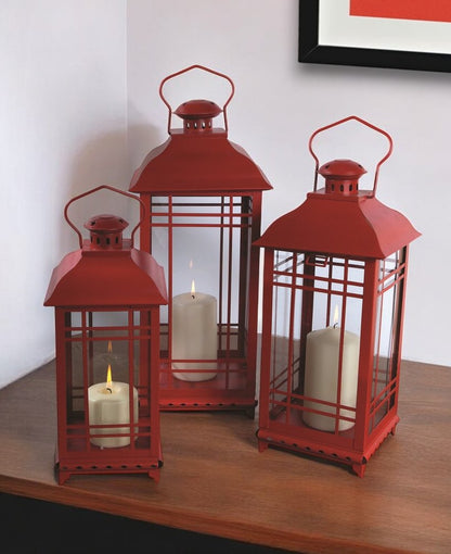 Set of Three Red Geometric Glass And Metal Floor Lantern Candle Holders
