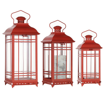 Set of Three Red Geometric Glass And Metal Floor Lantern Candle Holders