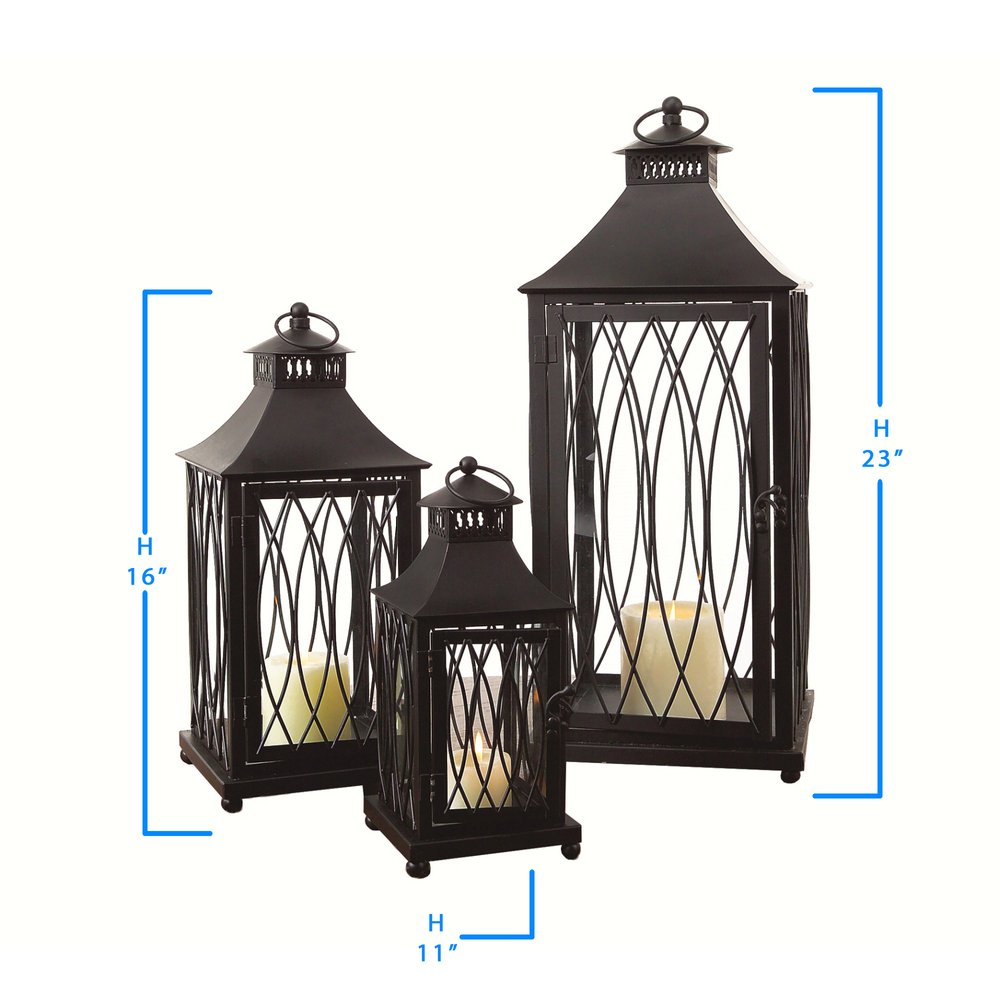 Set of Three Black Geometric Glass And Metal Floor Lantern Candle Holders