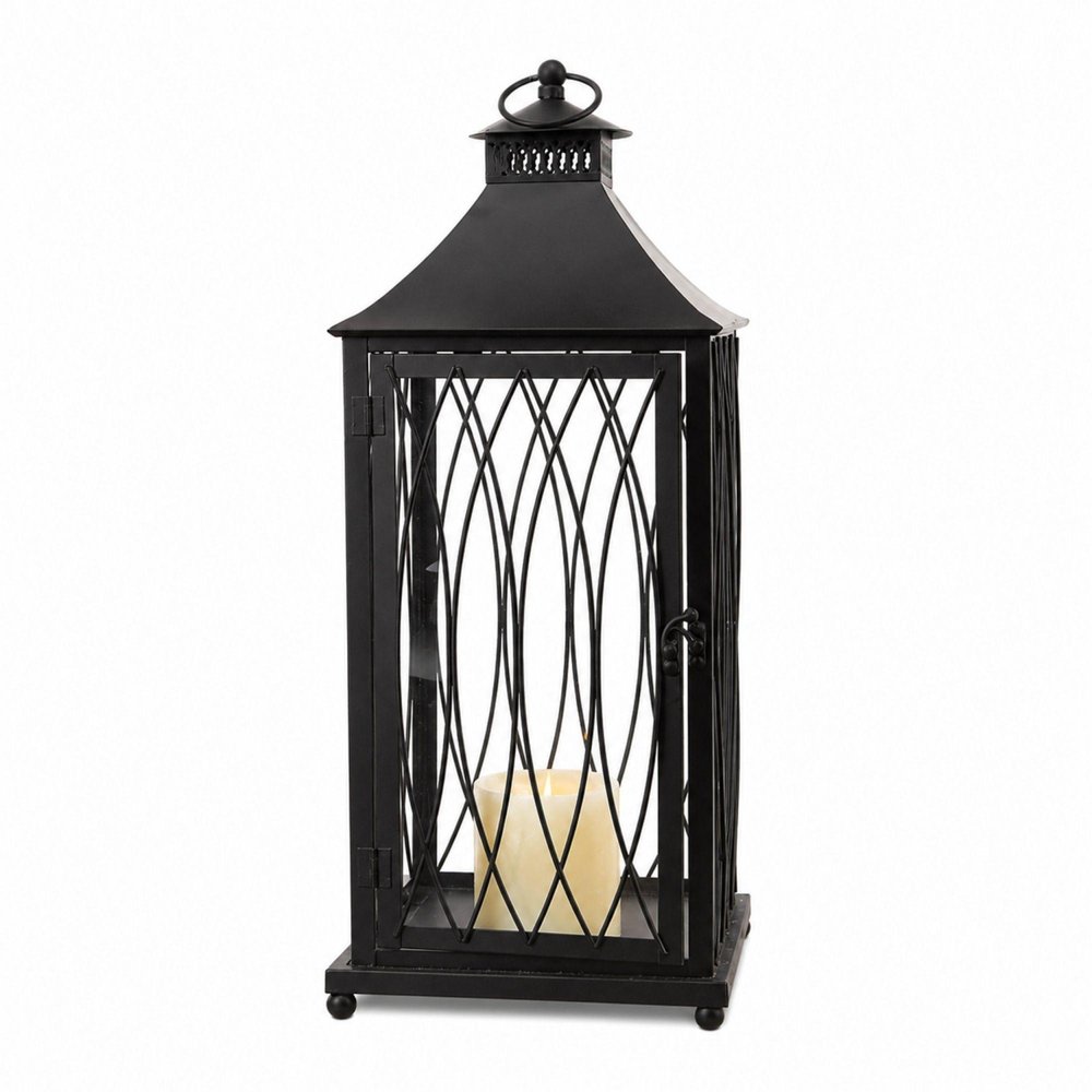 Set of Three Black Geometric Glass And Metal Floor Lantern Candle Holders