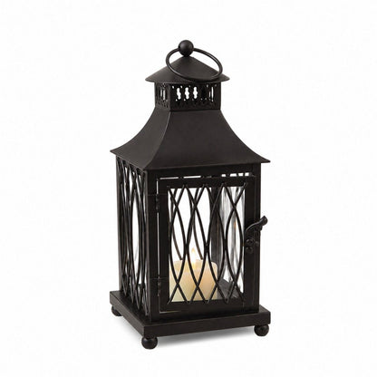 Set of Three Black Geometric Glass And Metal Floor Lantern Candle Holders