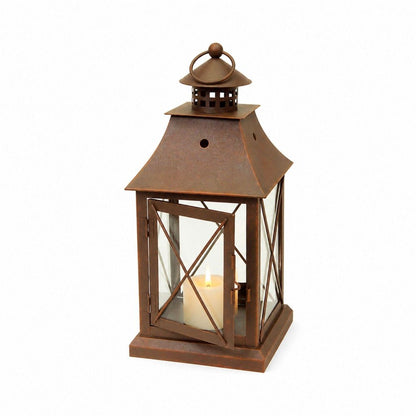 Set of Three Brown Lattice Glass And Metal Floor Lantern Candle Holders