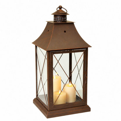 Set of Three Brown Lattice Glass And Metal Floor Lantern Candle Holders