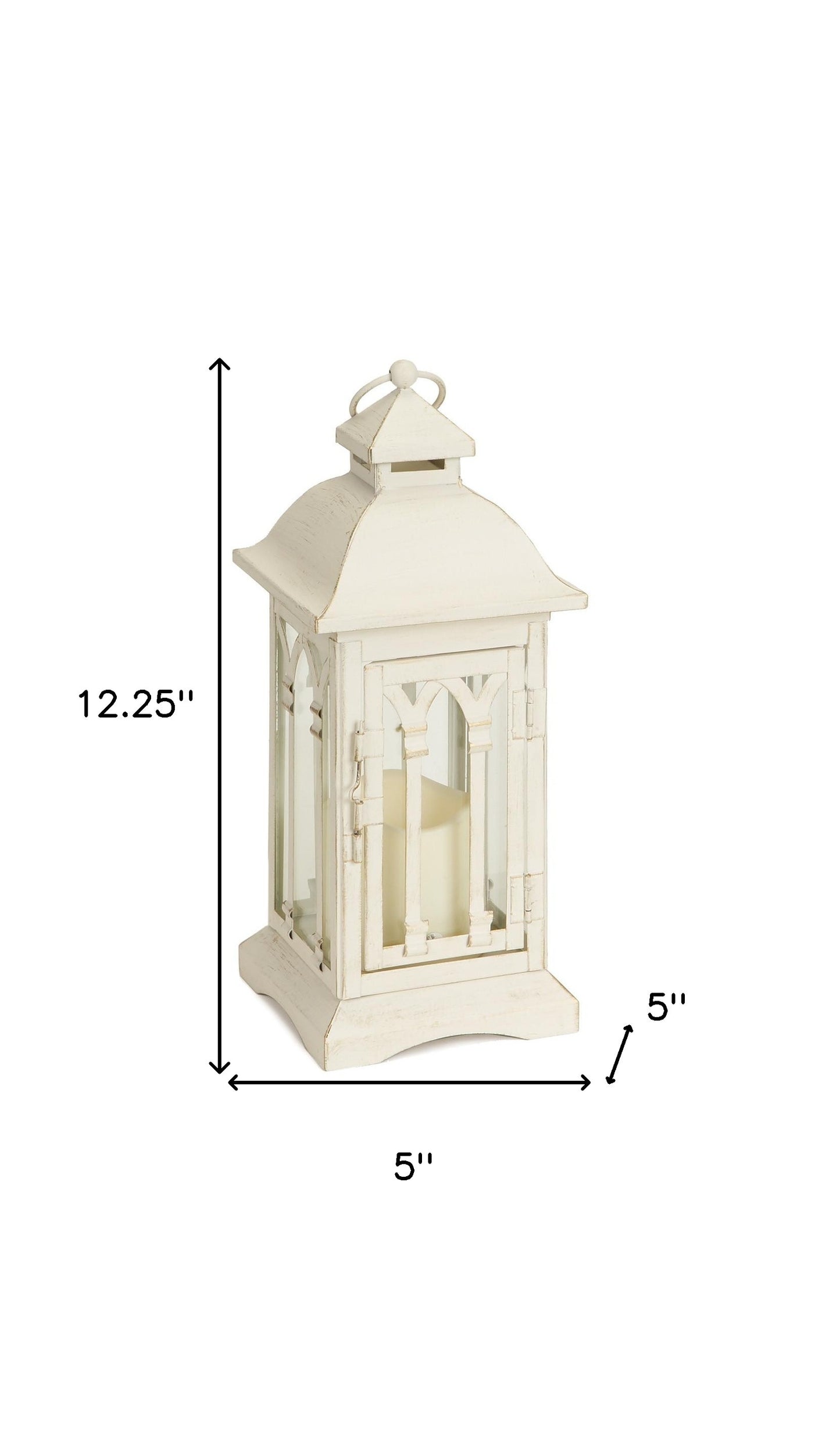 Set of Two Ivory Metal And Glass Ornate Tabletop Lantern Candle Holders With Candle