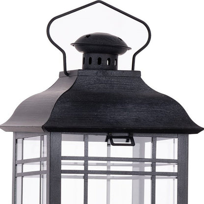 Set of Three Gray Distressed Geometric Glass And Metal Floor Lantern Candle Holders