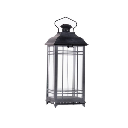 Set of Three Gray Distressed Geometric Glass And Metal Floor Lantern Candle Holders