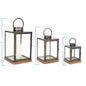 Set of Three Gray And Brown Distressed Geometric Glass Metal And Wood Floor Lantern Candle Holders
