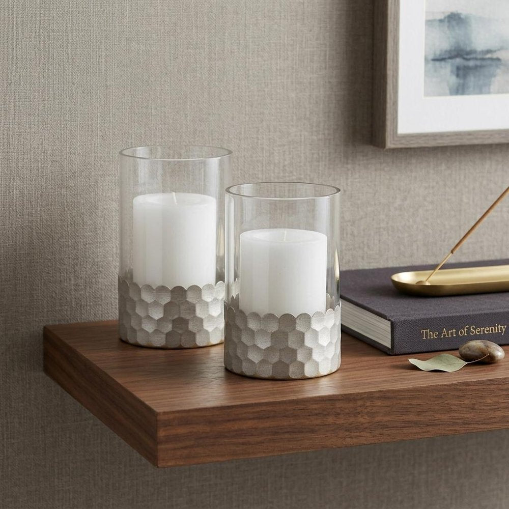 Set of Two Clear and Silver Glass Geometric Tabletop Pillar Candle Holders