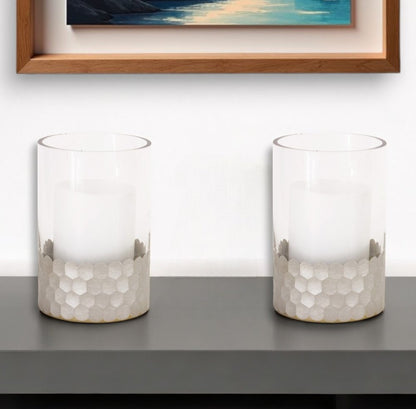 Set of Two Clear and Silver Glass Geometric Tabletop Pillar Candle Holders