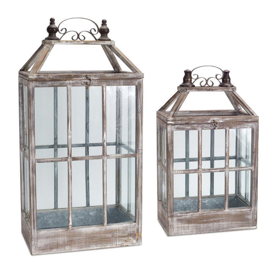 Set of Two White Distressed Wood And Glass Floor Lantern Candle Holders