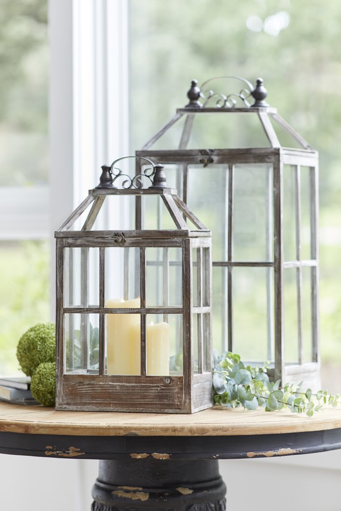 Set of Two White Distressed Wood And Glass Floor Lantern Candle Holders