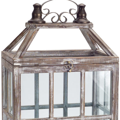 Set of Two White Distressed Wood And Glass Floor Lantern Candle Holders