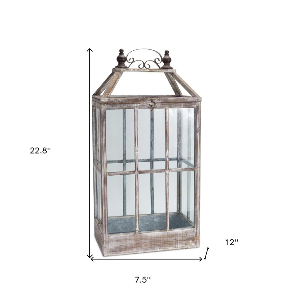 Set of Two White Distressed Wood And Glass Floor Lantern Candle Holders