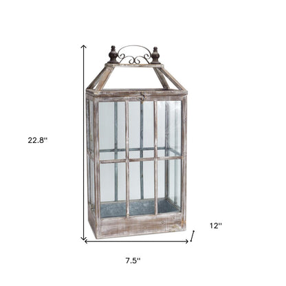 Set of Two White Distressed Wood And Glass Floor Lantern Candle Holders