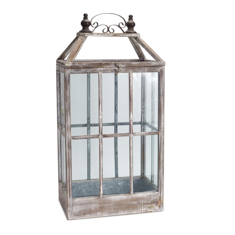 Set of Two White Distressed Wood And Glass Floor Lantern Candle Holders