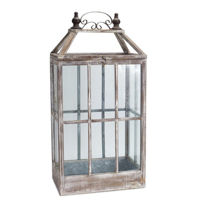 Set of Two White Distressed Wood And Glass Floor Lantern Candle Holders
