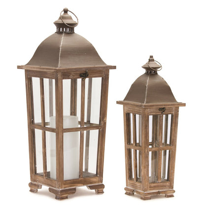 Set of Two Natural Distressed Ornate Solid Wood Tabletop Lantern Candle Holders