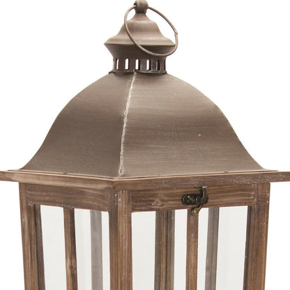 Set of Two Natural Distressed Ornate Solid Wood Tabletop Lantern Candle Holders