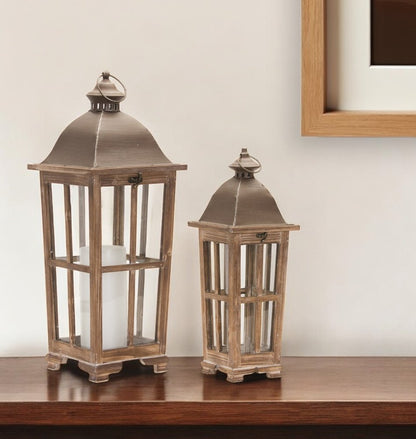 Set of Two Natural Distressed Ornate Solid Wood Tabletop Lantern Candle Holders