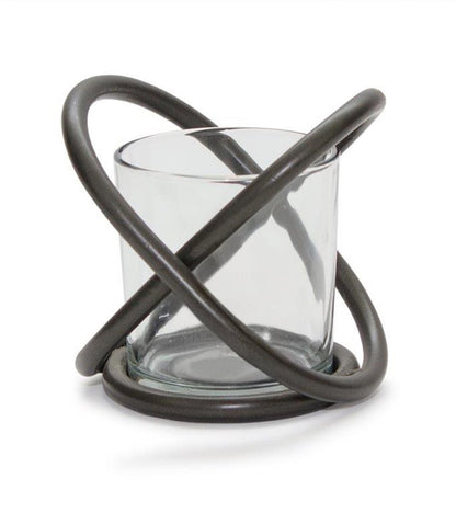 Set of Two Clear And Black Distressed Glass And Metal Tabletop Votive Candle Holders