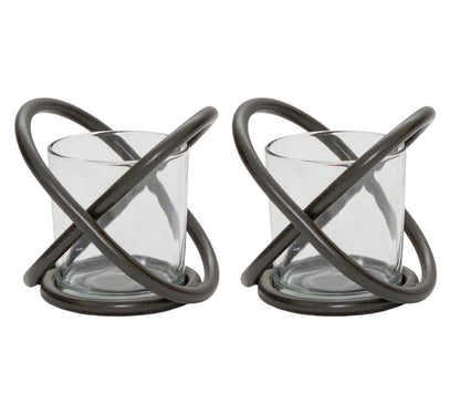 Set of Two Clear And Black Distressed Glass And Metal Tabletop Votive Candle Holders