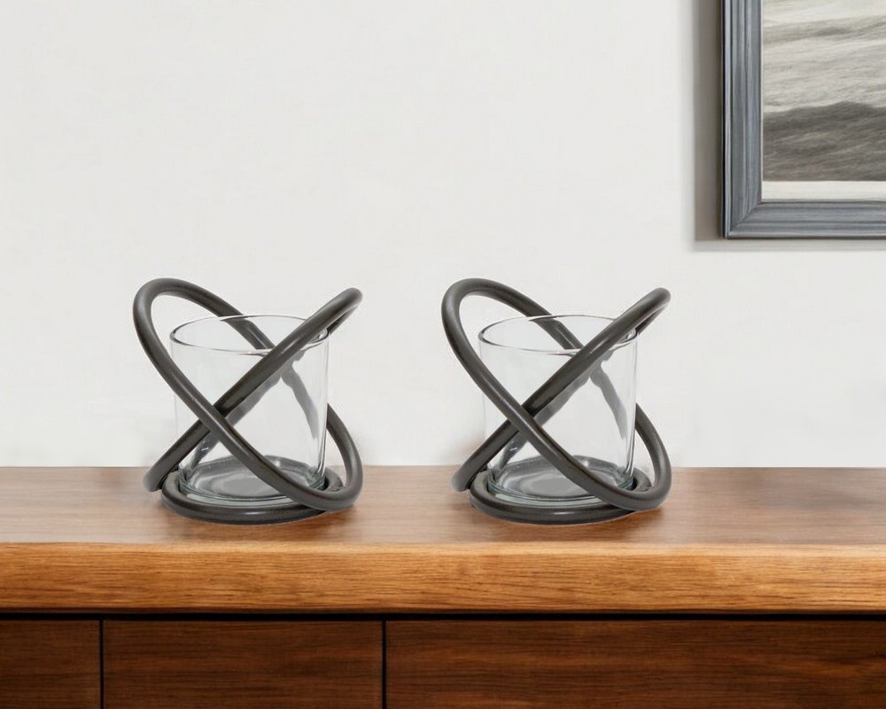 Set of Two Clear And Black Distressed Glass And Metal Tabletop Votive Candle Holders