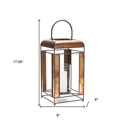 17" Bronze Distressed Geometric Metal And Glass Tabletop Lantern Candle Holder