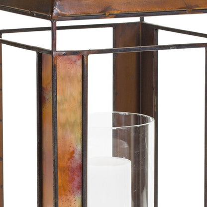 17" Bronze Distressed Geometric Metal And Glass Tabletop Lantern Candle Holder