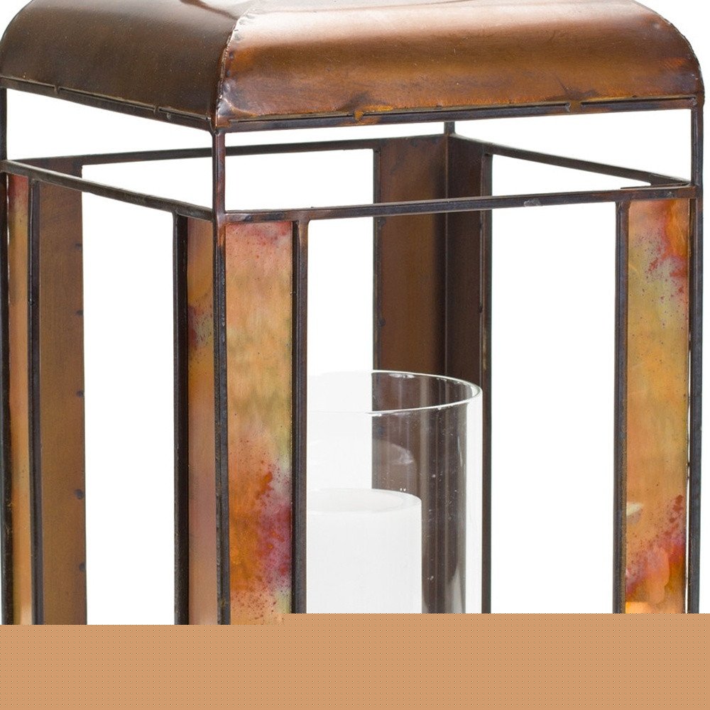 17" Bronze Distressed Geometric Metal And Glass Tabletop Lantern Candle Holder