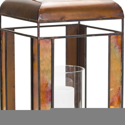 17" Bronze Distressed Geometric Metal And Glass Tabletop Lantern Candle Holder