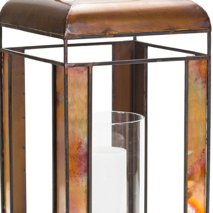 17" Bronze Distressed Geometric Metal And Glass Tabletop Lantern Candle Holder