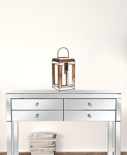 17" Bronze Distressed Geometric Metal And Glass Tabletop Lantern Candle Holder