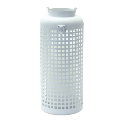 14" White Distressed Lattice Iron Floor Lantern Candle Holder