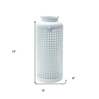 14" White Distressed Lattice Iron Floor Lantern Candle Holder