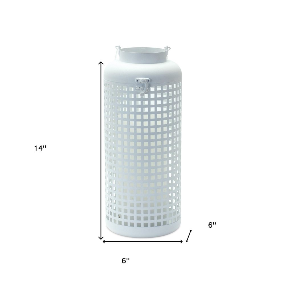 14" White Distressed Lattice Iron Floor Lantern Candle Holder