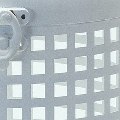 14" White Distressed Lattice Iron Floor Lantern Candle Holder