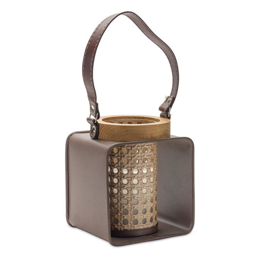 7" Natural And Brown Distressed Lattice Iron And Wood Tabletop Lantern Candle Holder
