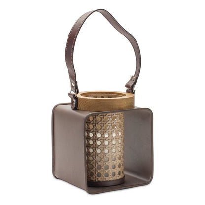7" Natural And Brown Distressed Lattice Iron And Wood Tabletop Lantern Candle Holder